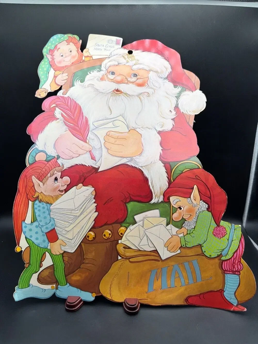 Vintage Santa Claus Elves Mail Christmas Die Cut Cardboard Decoration 14x18